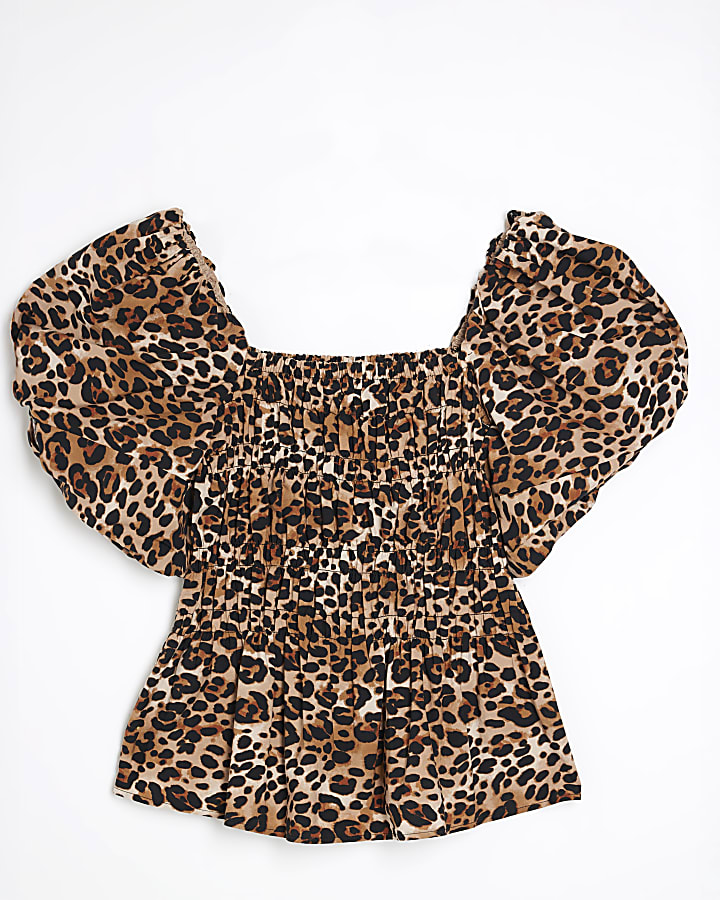 Brown Leopard Print Puff Sleeve Shirred Top