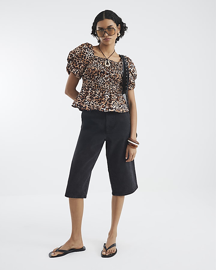 Brown Leopard Print Puff Sleeve Shirred Top