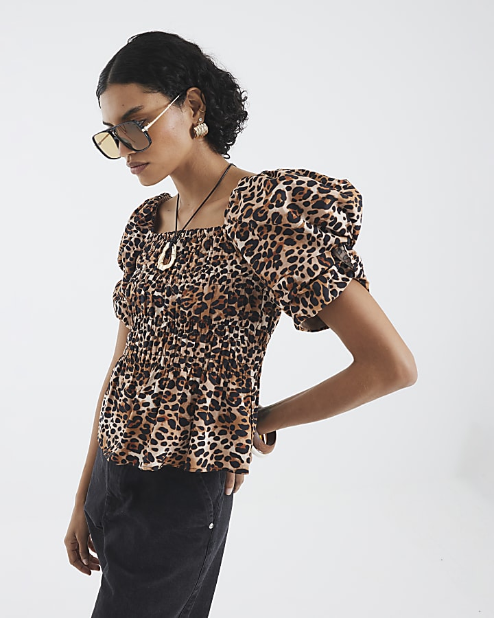 Brown Leopard Print Puff Sleeve Shirred Top