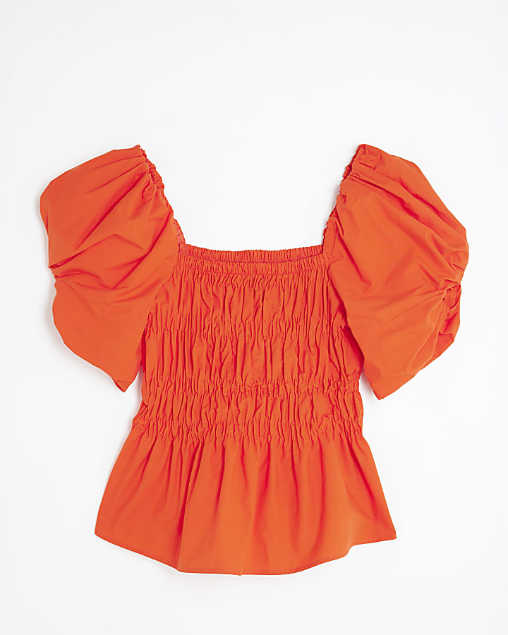 Red Short Puff Sleeve Shirred Top