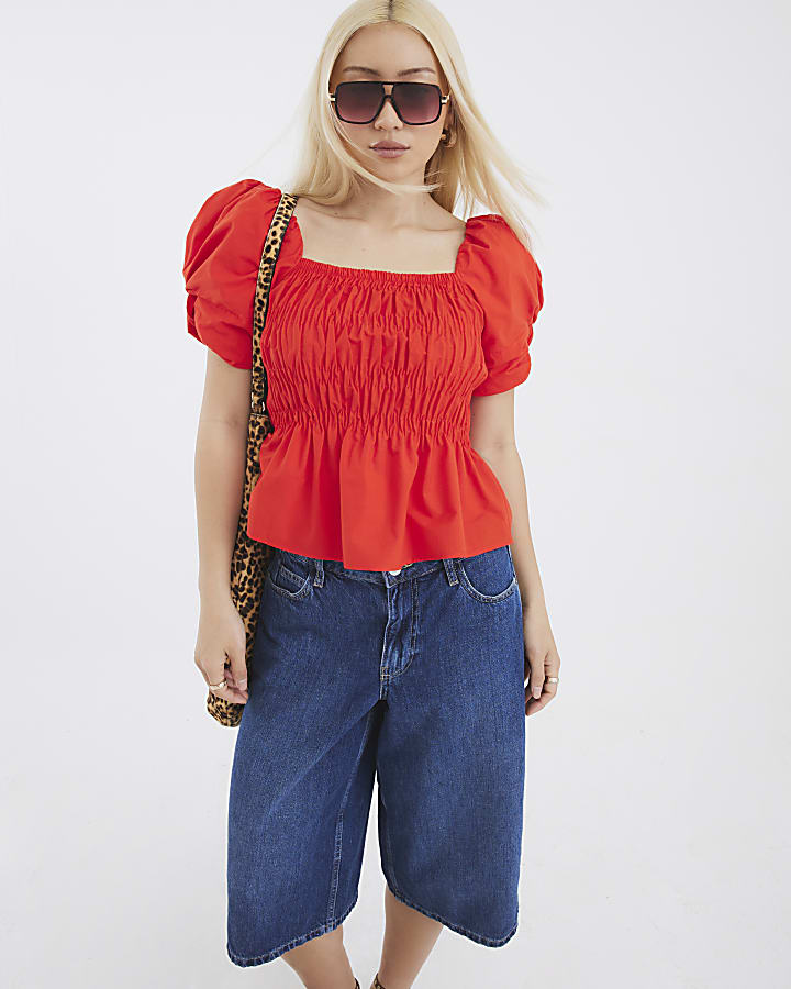 Red Short Puff Sleeve Shirred Top