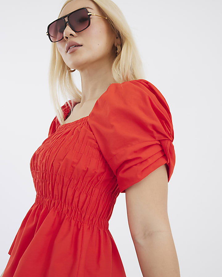 Red Short Puff Sleeve Shirred Top