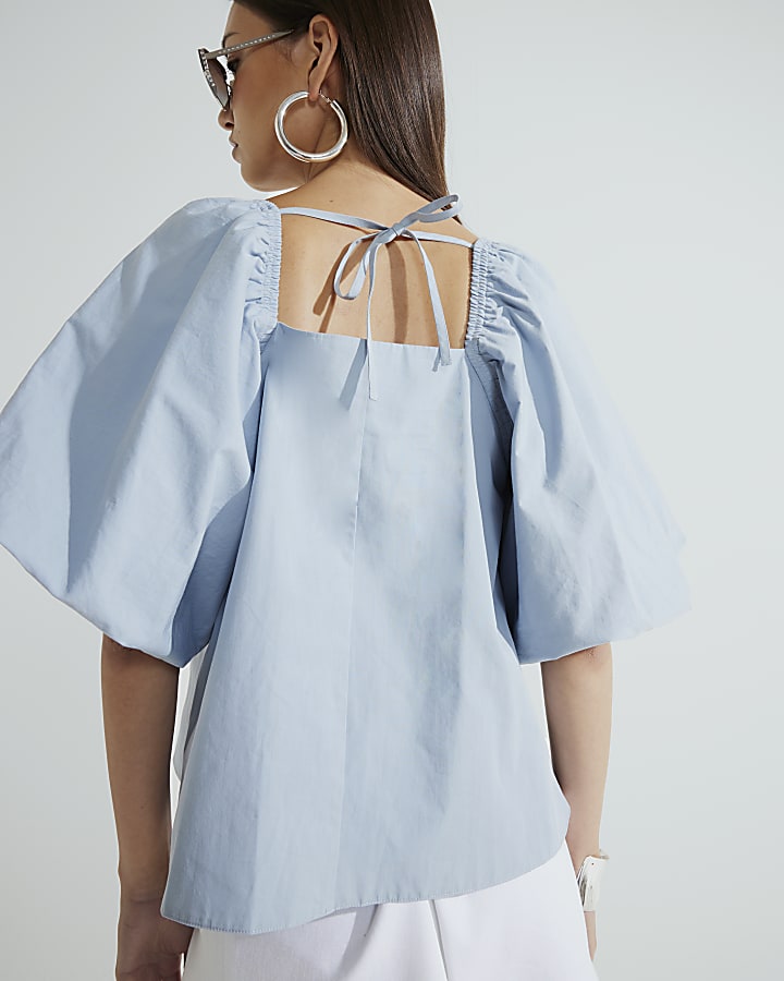 Blue Short Puff Sleeve Tie Detail Top