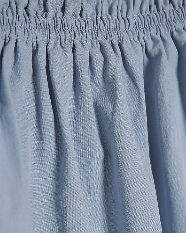 Blue Short Puff Sleeve Tie Detail Top