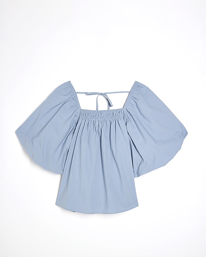 Blue Short Puff Sleeve Tie Detail Top