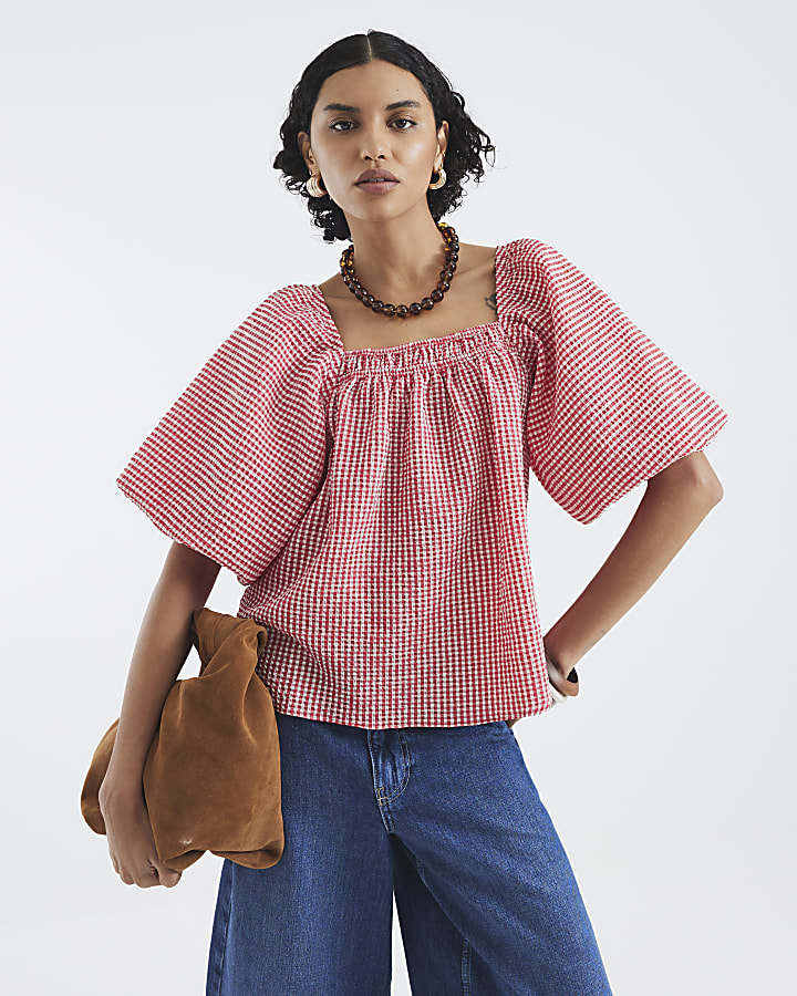 Red Gingham Short Puff Sleeve Tie Detail Top
