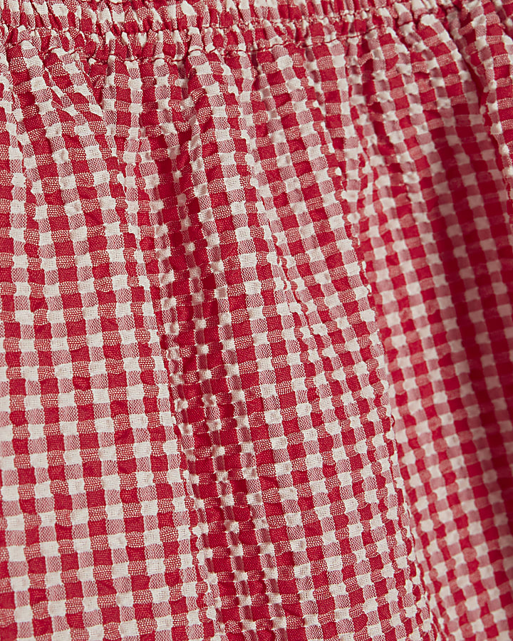 Red Gingham Short Puff Sleeve Tie Detail Top