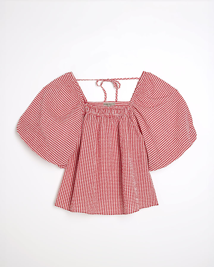 Red Gingham Short Puff Sleeve Tie Detail Top