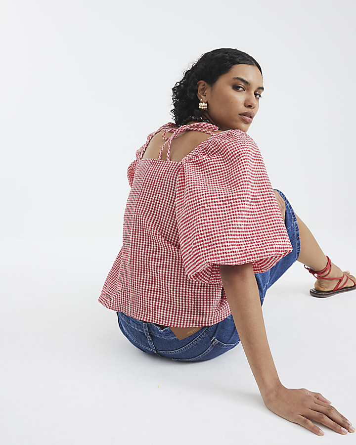 Red Gingham Short Puff Sleeve Tie Detail Top