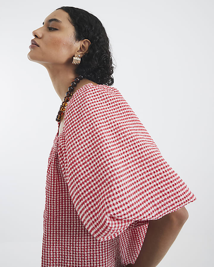 Red Gingham Short Puff Sleeve Tie Detail Top