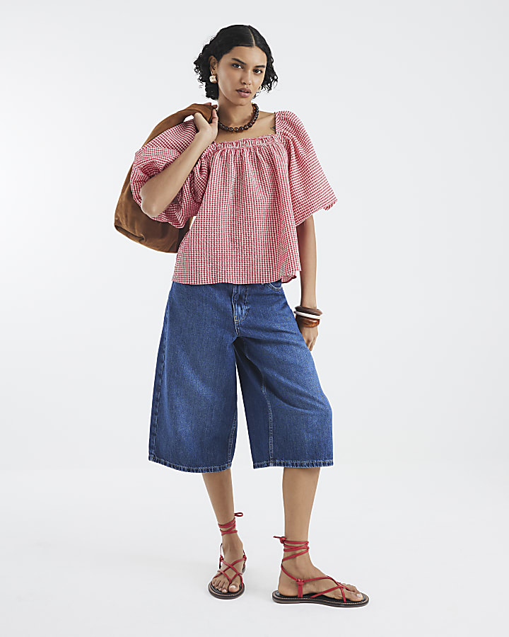Red Gingham Short Puff Sleeve Tie Detail Top