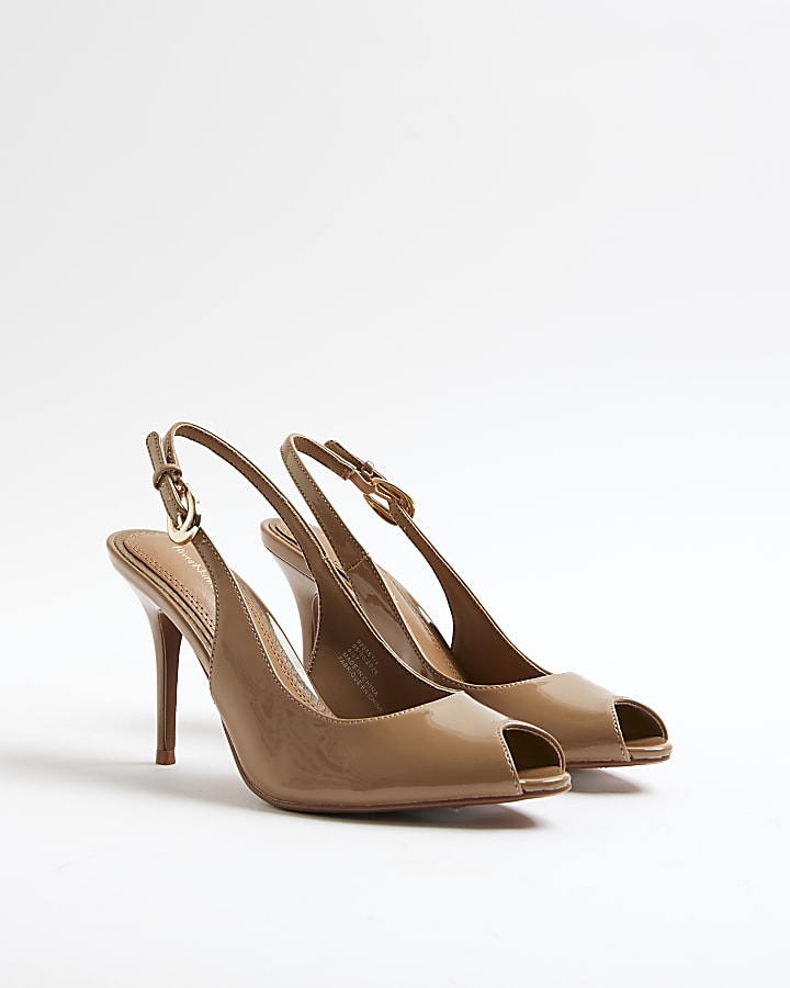 Beige Peep Toe Sling Back Heeled Sandals