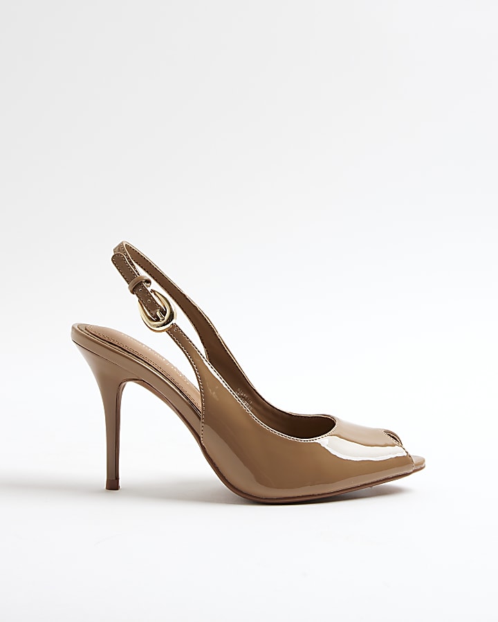 Beige Peep Toe Sling Back Heeled Sandals
