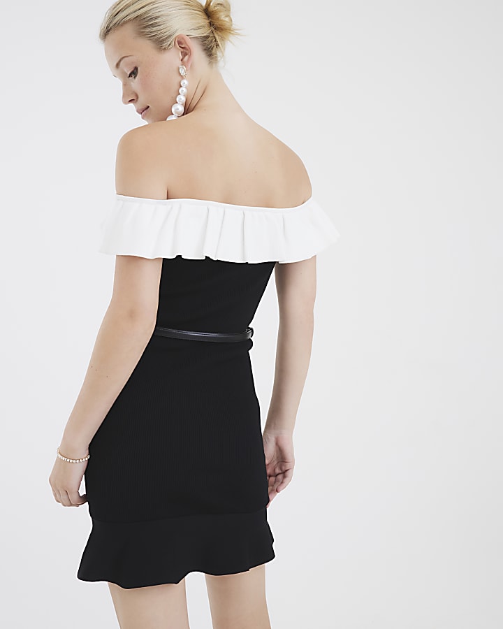 Black Knit Bardot Frill Belted Mini Dress