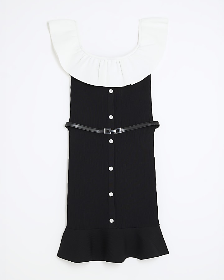 Black Knit Bardot Frill Belted Mini Dress