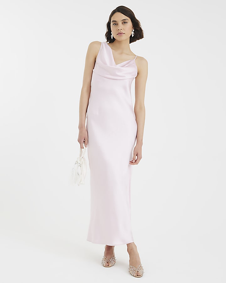 Pink Satin Cowl Neck Maxi Slip Dress