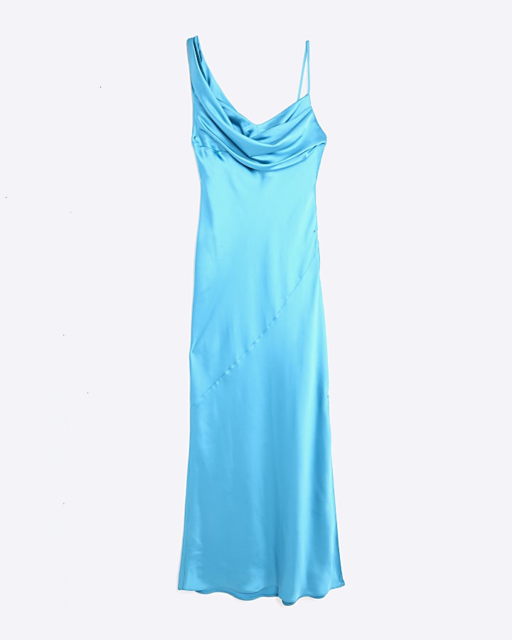 Blue Satin Cowl Neck Maxi Slip Dress