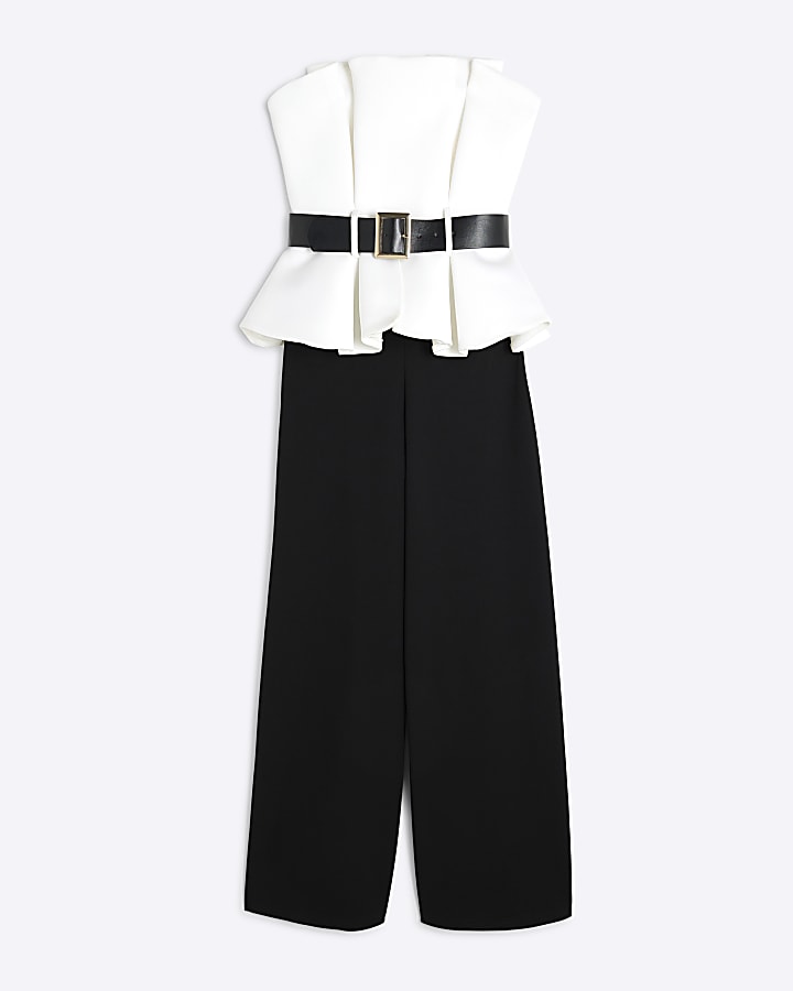 Black Peplum Belted Bandeau Jumpsuit