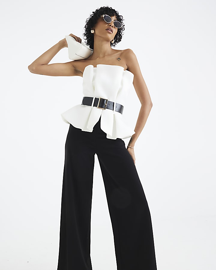 Black Peplum Belted Bandeau Jumpsuit
