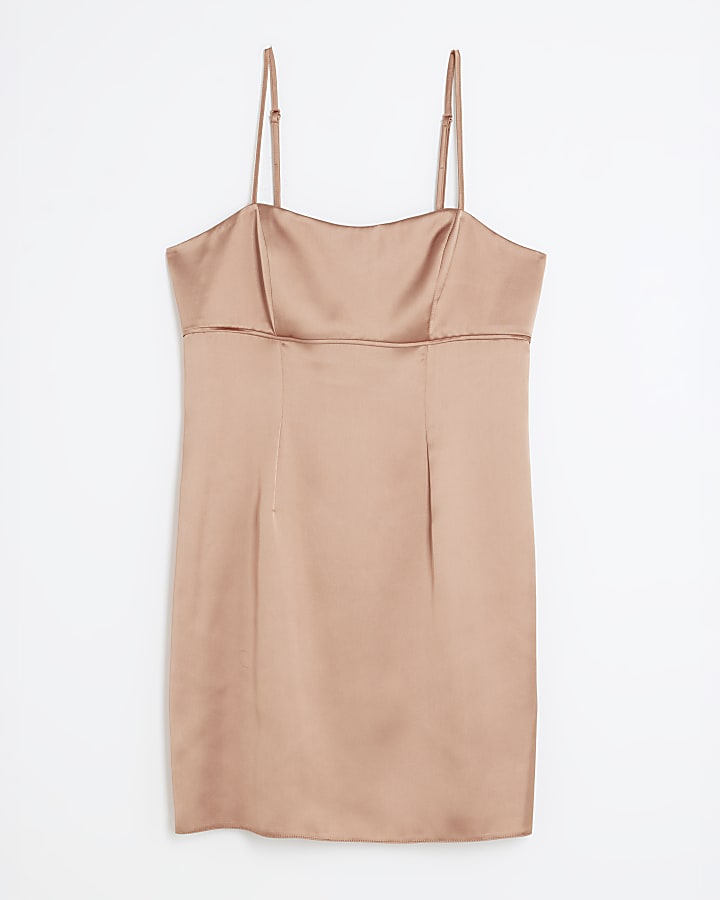 Brown Satin Mini Slip Dress