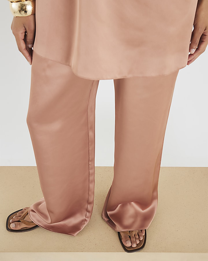 Brown Satin Straight Leg Trousers
