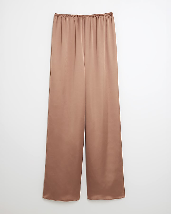 Brown Satin Straight Leg Trousers