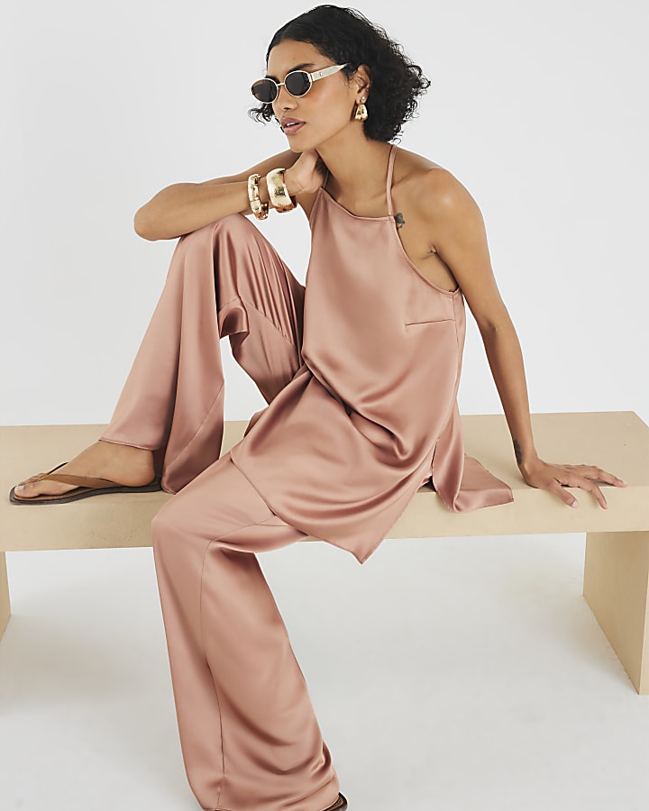Brown Satin Straight Leg Trousers