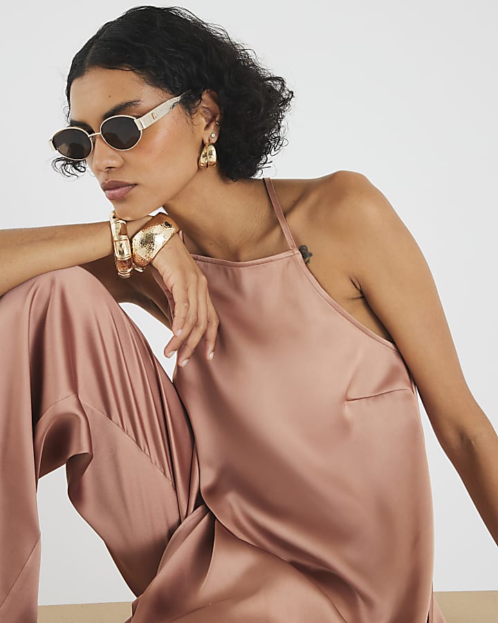 Brown Halter Neck Satin Cami Top