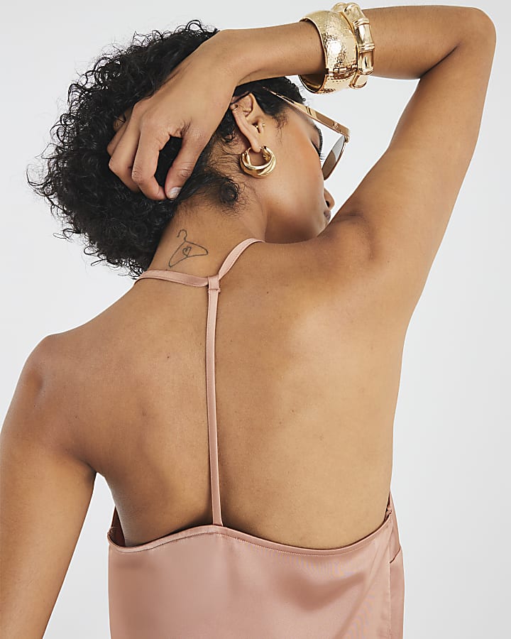 Brown Halter Neck Satin Cami Top