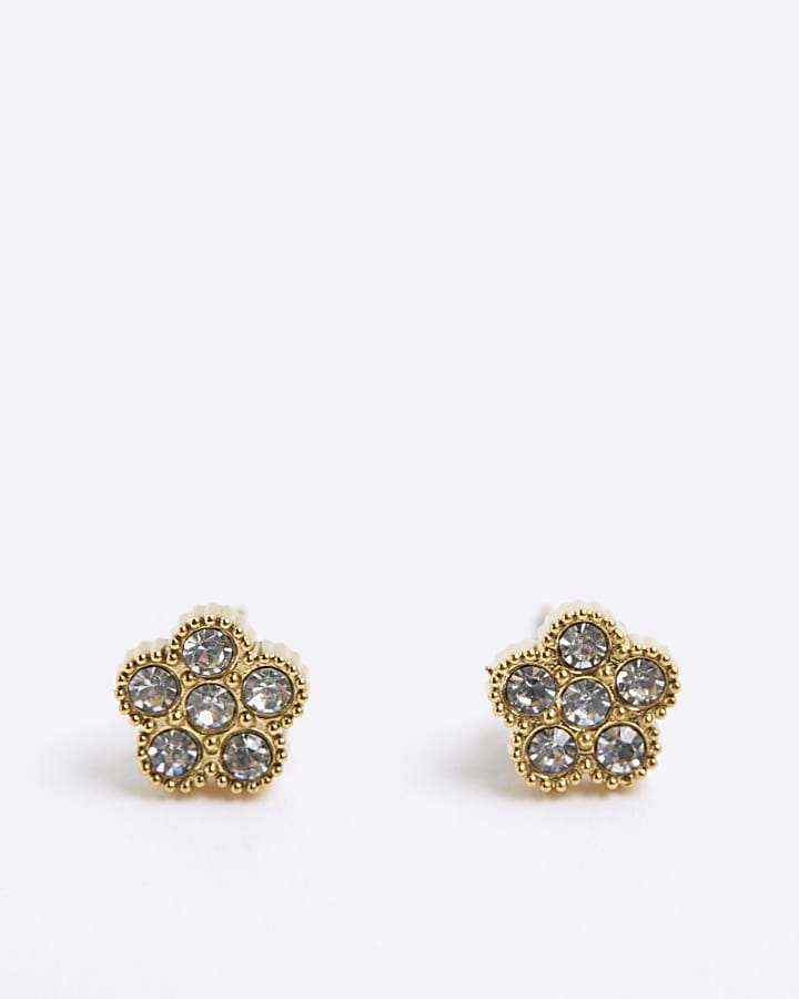 Gold Diamante Flower Stud Earrings
