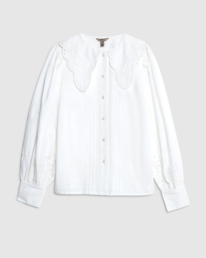 White Long Sleeve Collared Blouse