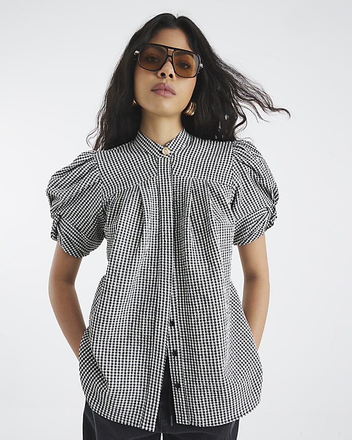 Black Gingham Puff Sleeve Blouse