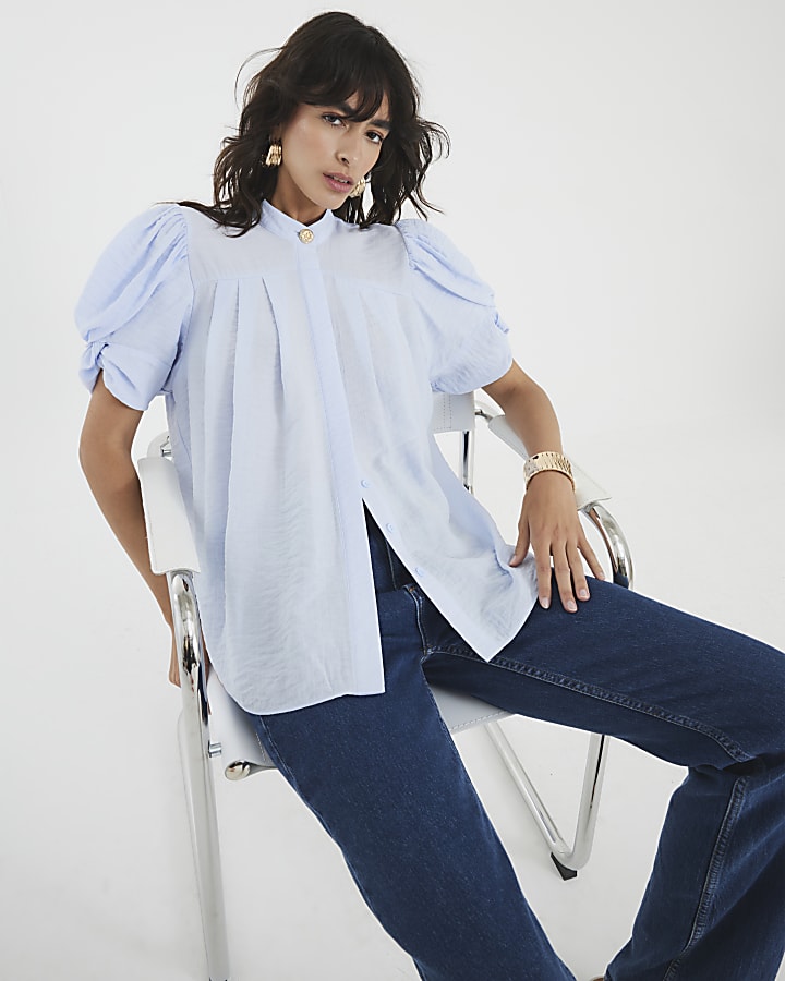 Blue Puff Sleeve Blouse