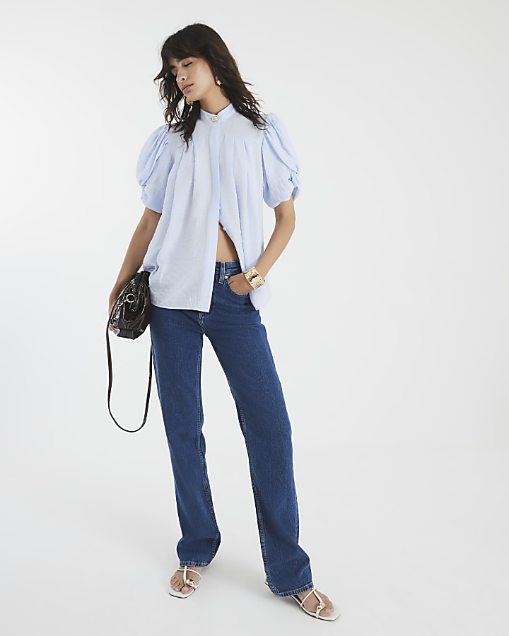 Blue Puff Sleeve Blouse