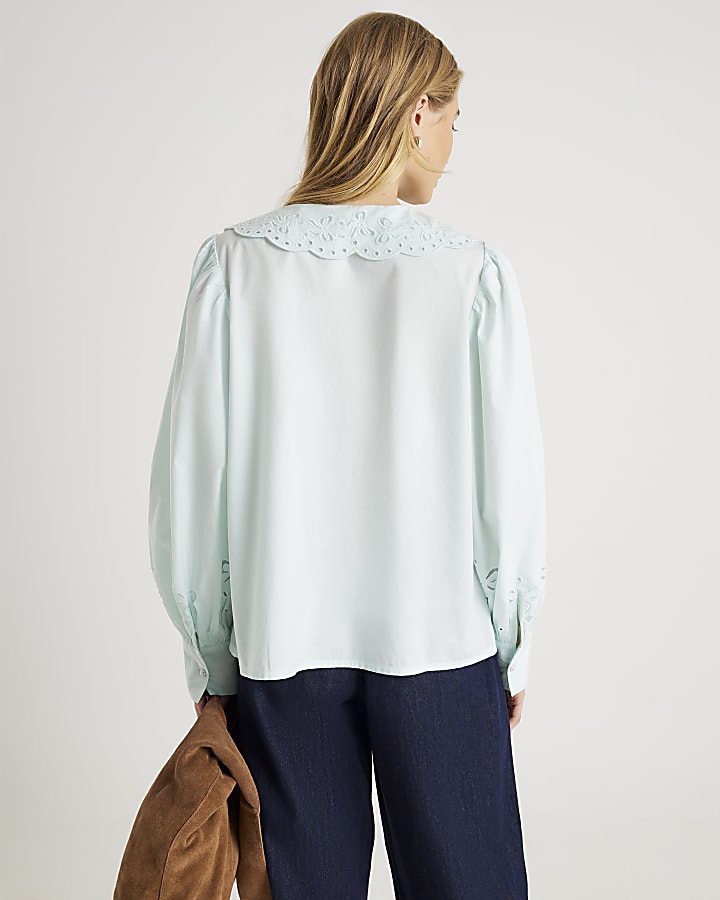 Blue Long Sleeve Collared Blouse