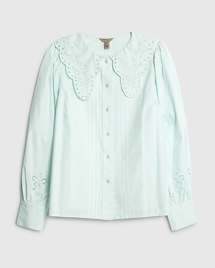 Blue Long Sleeve Collared Blouse