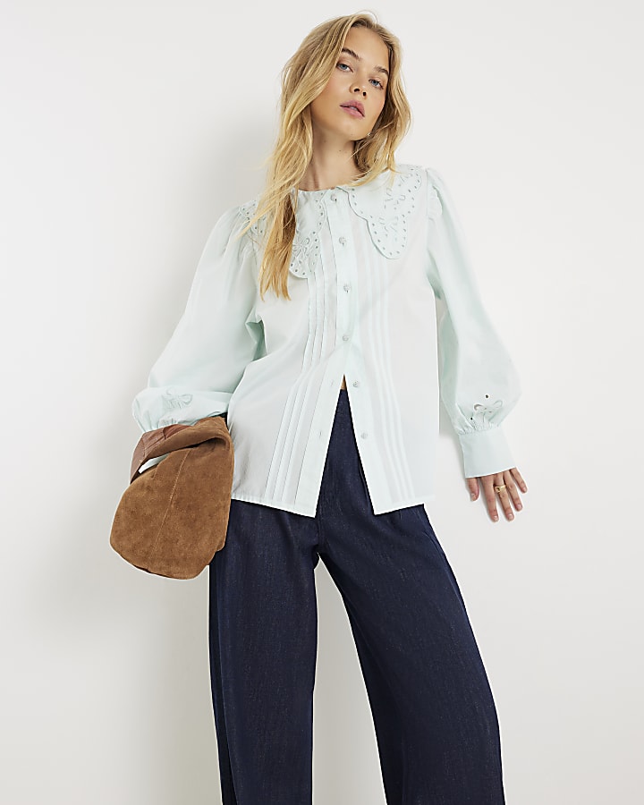 Blue Long Sleeve Collared Blouse