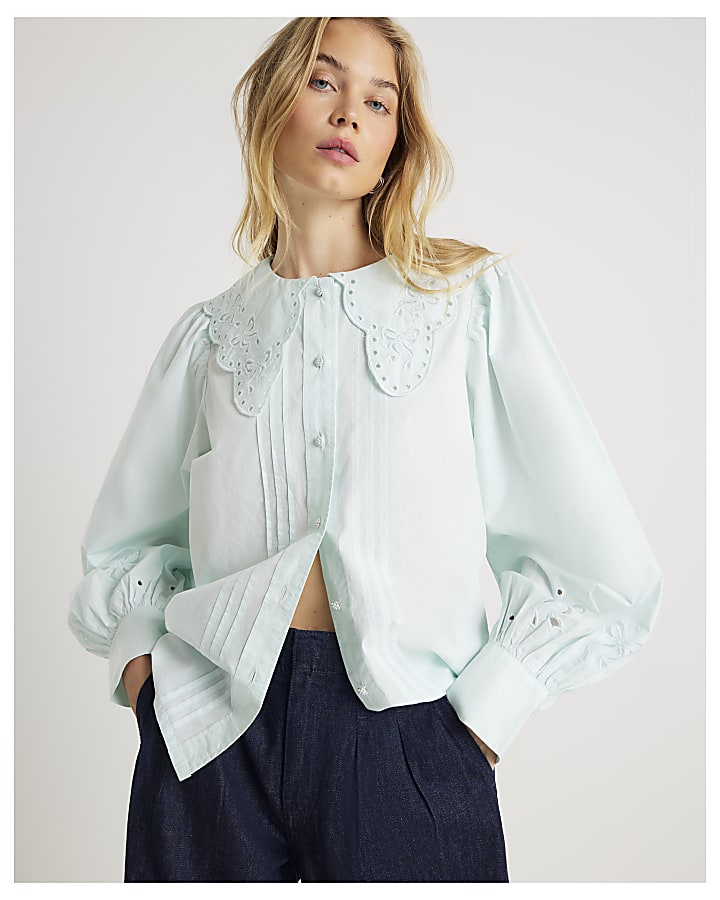 Blue Long Sleeve Collared Blouse