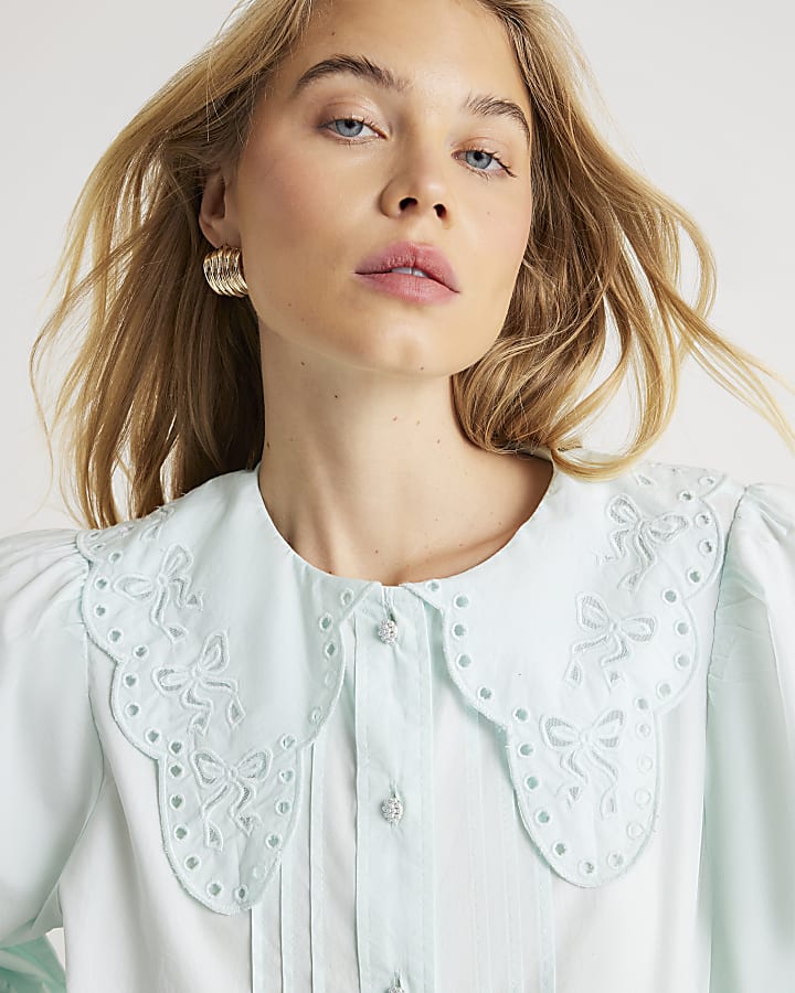 Blue Long Sleeve Collared Blouse
