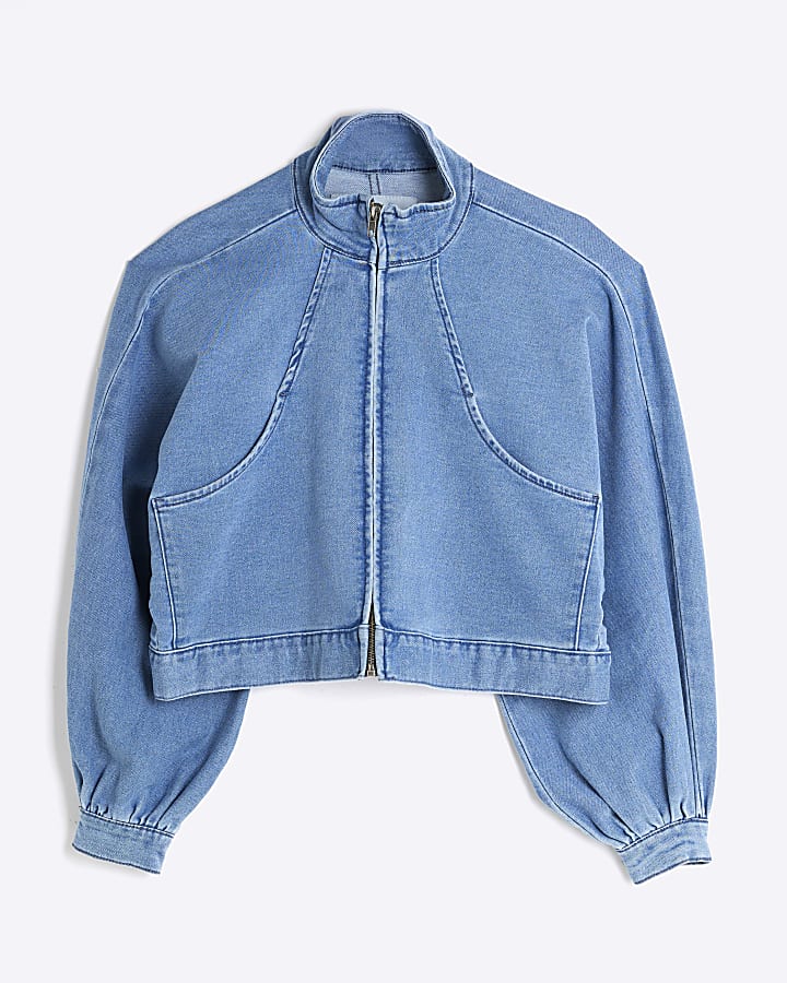 Blue Denim Batwing Sleeve Zip Through Jacket