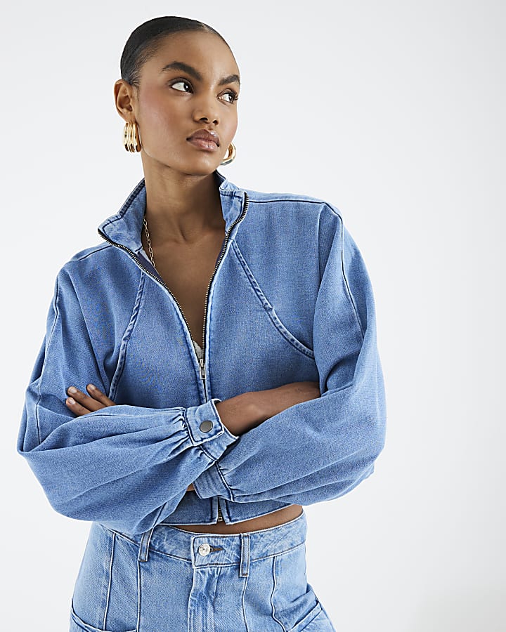 Blue Denim Batwing Sleeve Zip Through Jacket