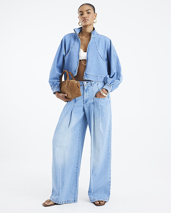 Blue Denim Batwing Sleeve Zip Through Jacket
