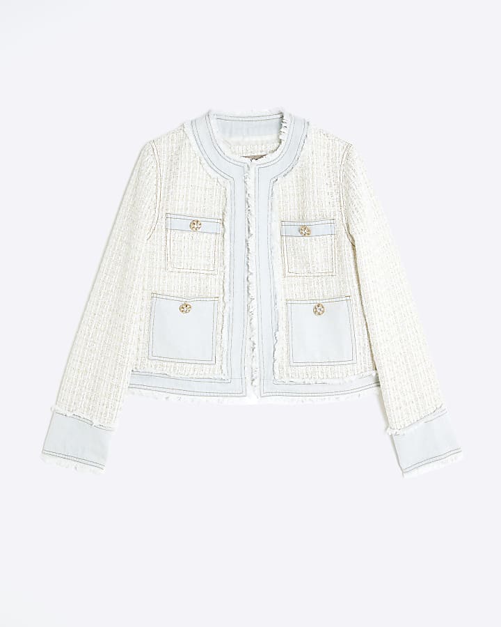 Cream Long Sleeve Denim Boucle Mix Jacket
