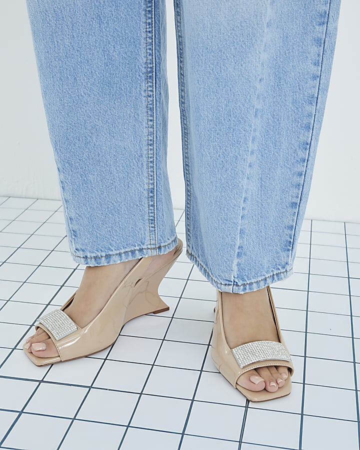 Pink Peep Toe Wedge Diamante Sandals