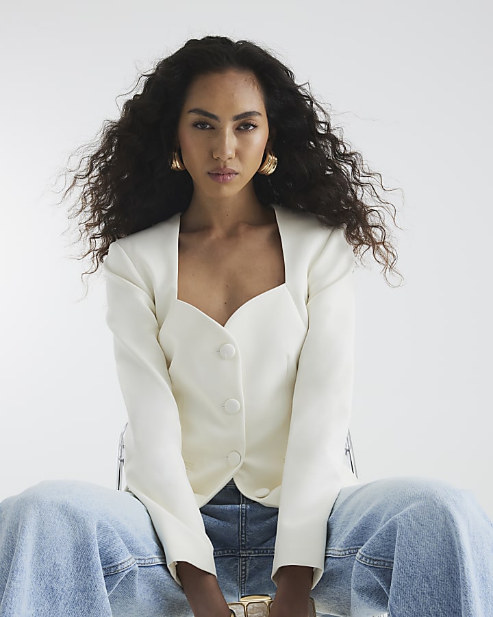Cream Sweetheart Neckline Blazer