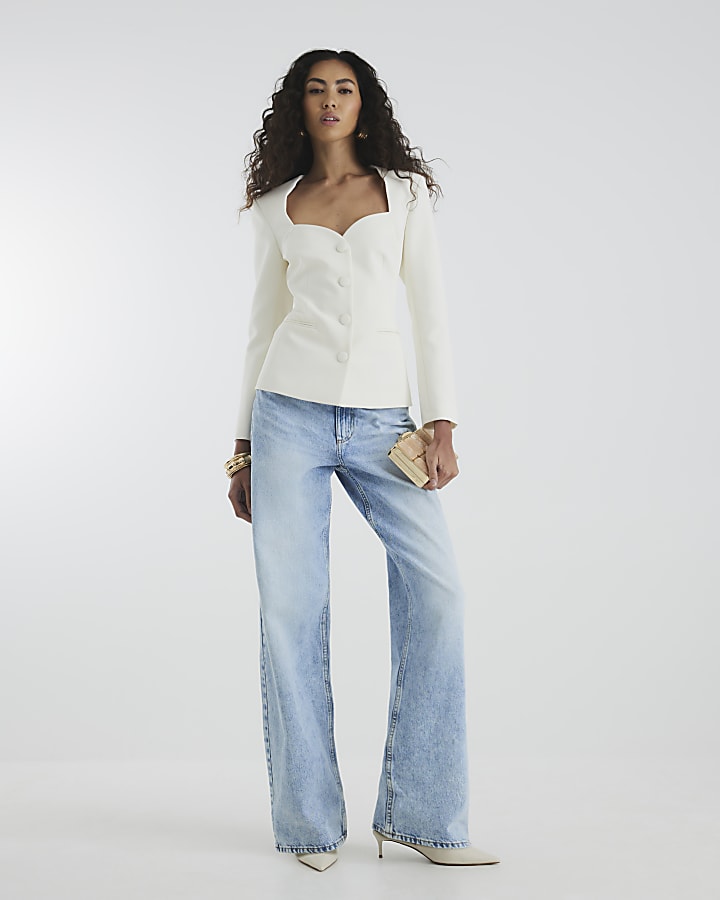 Cream Sweetheart Neckline Blazer