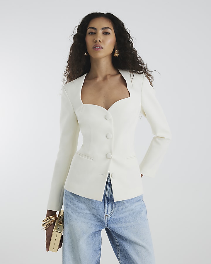 Cream Sweetheart Neckline Blazer