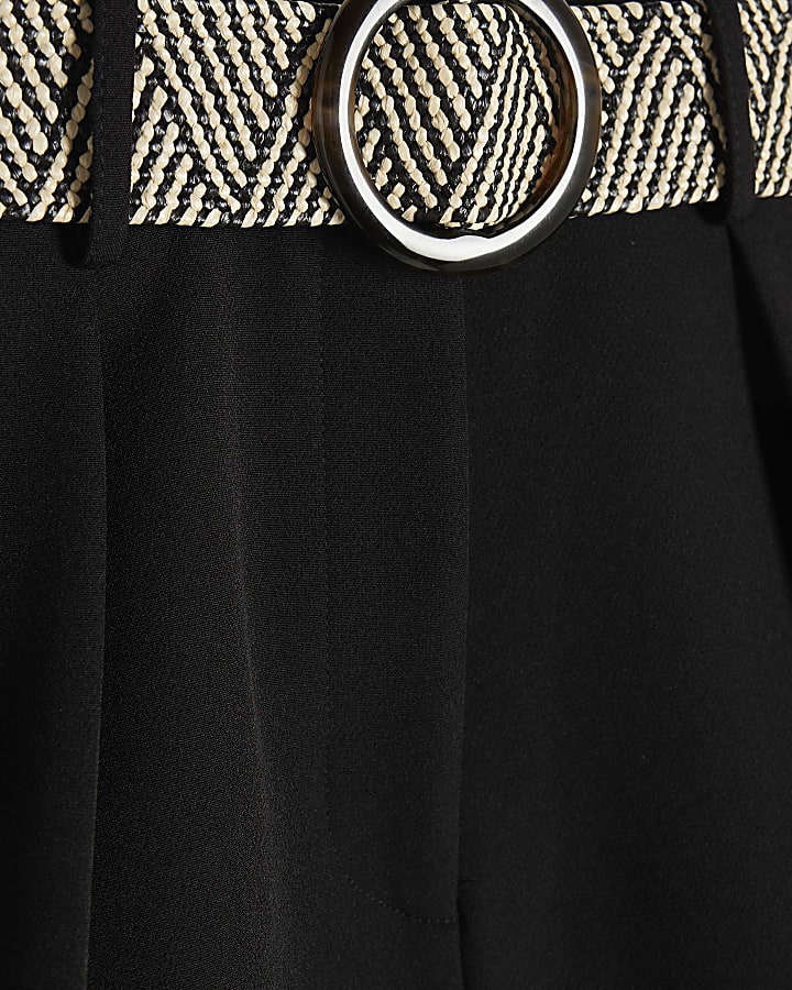 Black Structured Raffia Belted Shorts