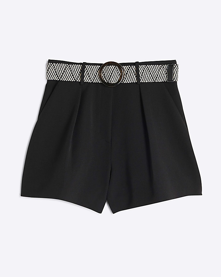 Black Structured Raffia Belted Shorts
