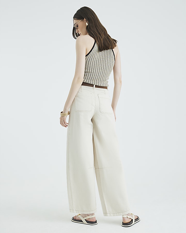 Cream Belted Pocket Balloon Jeans